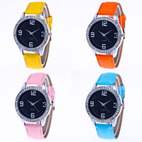 Reloj de Pulsera Unisex, Cuero de PU, con dial de aleación de cinc & Vidrio, chapado en color de platina, unisexo & ajustable & con diamantes de imitación, más colores para la opción, libre de níquel, plomo & cadmio, 30x9mm, 20mm, longitud aproximado 10.5 Inch, Vendido por UD