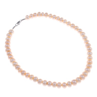 Zoetwater Parel Brass Collier, messing karabijn, natuurlijk, roze, 9-10mm, Per verkocht Ca 14.5 inch Strand