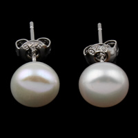 Freshwater Pearl øreringe, Ferskvandsperle, messing ørering indlæg, platin farve forgyldt, naturlige, 7-8mm, Solgt af par