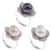 Sötvatten Pearl Finger Ring, Mässing, med Freshwater Pearl, Blomma, platina pläterad, öppet & justerbar & micro bana cubic zirconia & för kvinna, fler färger för val, nickel, bly och kadmium gratis, 21x30x19mm, Storlek:7.5, Säljs av PC