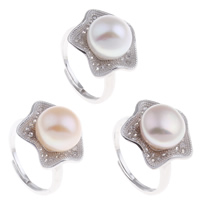 Sötvatten Pearl Finger Ring, Mässing, med Freshwater Pearl, Blomma, platina pläterad, naturliga & öppet & justerbar & micro bana cubic zirconia & för kvinna, fler färger för val, nickel, bly och kadmium gratis, 21x33x17.50mm, Storlek:7.5, Säljs av PC