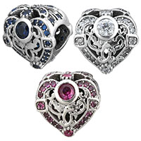 Thailand Sterling Silver European Bead Heart micro pave cubic zirconia & without troll & hollow Approx 4.5mm Sold By PC