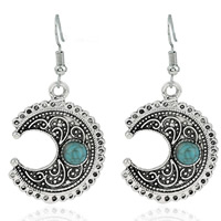 Turkoois oorbellen, Zinc Alloy, met Synthetische Turquoise, messing oorbel haak, Maan, antiek zilver plated, blauw, lood en cadmium vrij, 33x30mm, Verkocht door pair