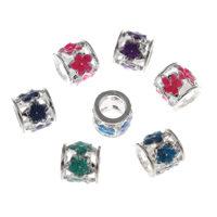 Perles European en alliage de zinc, fleur, Plaqué de couleur d'argent, émail & avec strass & grand trou, plus de couleurs à choisir, sans plomb et cadmium, 9x10mm, Trou:Environ 6mm, 10PC/sac, Vendu par sac