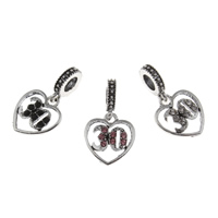 European stile Zinc Alloy pendenti, lega in zinco, Cuore, placcato argento antico, con il modello del numero & senza filo & con strass, nessuno, assenza di piombo & cadmio, 14x25x2mm, Foro:Appross. 5mm, 10PC/borsa, Venduto da borsa