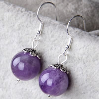 Amethyst Tropfen Ohrring, mit Zinklegierung, Eisen Haken, rund, natürlich, Februar Birthstone & für Frau, 10mm, 5PaarePärchen/Tasche, verkauft von Tasche