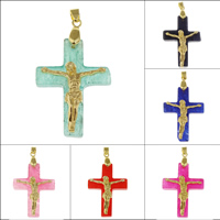 Gemstone Vedhæng Smykker, Farvet Marble, med Zinc Alloy, Krucifiks Cross, guldfarve belagt, Christian Smykker, flere farver til valg, 30x41x8mm, Hole:Ca. 3x4mm, Solgt af PC