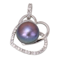 Slatkovodni Pearl Privjesci, 925 Sterling Silver, s Slatkovodni Pearl, Srce, real posrebrena, prirodni & micro utrti kubni cirkonij, 24x26x12mm, Rupa:Približno 5x5mm, Prodano By PC