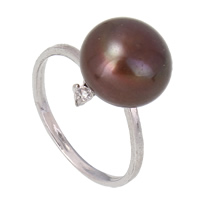 Sötvatten Pearl Finger Ring, Mässing, med Freshwater Pearl, med 5cm extender kedja, Potatis, platina pläterad, nickel, bly och kadmium gratis, 27x18x11mm, Storlek:6.5, Säljs av PC