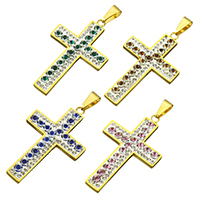 Colgantes Cruz de Acero Inoxidable, con Arcilla analiar de diamantes de imitación AB, Cruces, chapado en color dorado, más colores para la opción, 30x49x4mm, agujero:aproximado 4x9mm, Vendido por UD