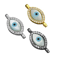 Onde øjne stik, Messing, med White Shell, Evil Eye, forgyldt, Micro Pave cubic zirconia & 1/1 løkke & hule, flere farver til valg, nikkel, bly & cadmium fri, 19x9x3mm, Hole:Ca. 1.2mm, 10pc'er/Lot, Solgt af Lot