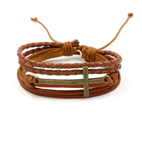 Unisex Bracelet, cuir de peau de vache, avec Chanvre & alliage de zinc, croix, Plaqué de couleur de bronze antique, unisexe & réglable & 5 brins, couleur de café, Vendu par Environ 7.2 pouce brin