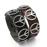 Unisex Bracelet, cuir de peau de vache, avec alliage de zinc, Logo de la paix, Placage de couleur noire de plumbum, unisexe & réglable, plus de couleurs à choisir, 22mm, Vendu par Environ 9.2 pouce brin