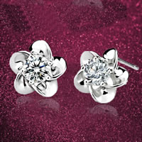 Cubic Zircon ( CZ ) Stud Earring, Mässing, Blomma, äkta silver plated, med cubic zirconia, nickel, bly och kadmium gratis, 9mm, Säljs av Par