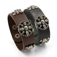 Unisex la pulsera y el brazalete, Cuero de vaca, con aleación de zinc, Calavera, chapado en color plomo negro, unisexo, más colores para la opción, 22mm, Vendido para aproximado 9.2 Inch Sarta