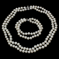 Přírodní Kultivované Sladkovodní Pearl šperky Soupravy, náramek & náhrdelník, mosaz snímek přezka, Brambor, 2-pramenné, bílý, 7-8mm, Délka Cca 7 inch, Cca 15.5 inch, Prodáno By nastavit