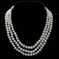 Collier de perles d'eau douce naturelles, perle d'eau douce cultivée, laiton fermoir coulissant, pomme de terre, 3 brins, blanc, 7-8mm, Vendu par Environ 16.5 pouce brin