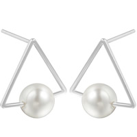 Prás Graí Earring, le ABS Pearl plaisteach, Triantán, airgead fíor plated, do bhean, luaidhe & caidmiam saor in aisce, 14.9x7.8mm, Díolta De réir Péire