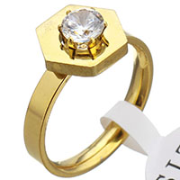 Anillo de dedo acero inoxidable del Rhinestone, Hexágono, chapado en color dorado, diverso tamaño para la opción & para mujer & con diamantes de imitación, 11mm, Vendido por UD