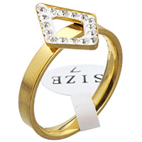 Anillo de dedo acero inoxidable del Rhinestone, con Arcilla analiar de diamantes de imitación AB, Rombo, chapado en color dorado, diverso tamaño para la opción & para mujer, 10x14mm, Vendido por UD