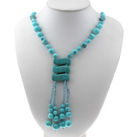 Pull Turquoise Collier Necklace, turquoise synthétique, avec perle de verre, pour femme, 31x12x7mm, Longueur Environ 25 pouce, 10Strandstoron/sac, Vendu par sac