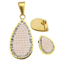 Socraigh Jewelry Cruach Dhosmálta Rhinestone, pendant & earring, le réiteodh cré rhinestone & Pearl Plaisteacha, Teardrop, dath an óir plated, do bhean, 18x34mm, 15x20mm, Poll:Thart 4x9mm, Díolta De réir Socraigh