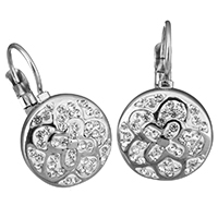 Rustfrit stål Lever Tilbage Earring, Stainless Steel, med rhinestone ler bane, Flad Rund, for kvinde, oprindelige farve, 14x23x14mm, Solgt af par