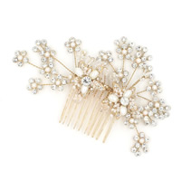 Bridal capelli decorativo Comb, lega in zinco, with Perle di plastica ABS & cristallo, placcato color oro, per la sposa & sfaccettati & con strass, assenza di piombo & cadmio, 70x120mm, Venduto da PC