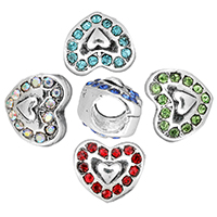 Zinc Alloy European perler, Heart, platin farve forgyldt, uden trold & med rhinestone & sværte, flere farver til valg, nikkel, bly & cadmium fri, 11x10x10mm, Hole:Ca. 5mm, 50pc'er/Lot, Solgt af Lot