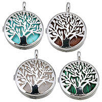 Tree Of Life riipuksia, Jalokivi, kanssa Messinki, Litteä pyöreä, hopea päällystetty, eri materiaaleja valinta & ontto, 26x31x8mm, Reikä:N. 4mm, Myymät PC