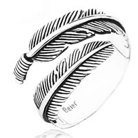 metal Anillo de dedo Cuff, Pluma, chapado en color de plata antigua, para mujer, libre de plomo & cadmio, 16-18mm, tamaño:6-8, Vendido por UD