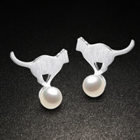 Ottone stallone orecchino, with perla in vetro, Volpe, placcato argento vero, spazzolato, assenza di piombo & cadmio, 13x13mm, Venduto da coppia