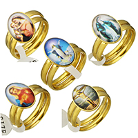 acero inoxidable Anillo Set, con Papel & Vidrio, Redondo Aplanado, chapado en color dorado, joyas joya tiempo & diverso tamaño para la opción & diferentes patrones para la opción & para mujer, 11x15mm, 3mm, 2PCs/Set, Vendido por Set