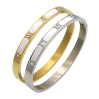 acero inoxidable Brazalete, con Nácar Blanca, chapado, unisexo & con diamantes de imitación, más colores para la opción, 6mm, diámetro interior:aproximado 58x48mm, longitud aproximado 6.7 Inch, Vendido por UD