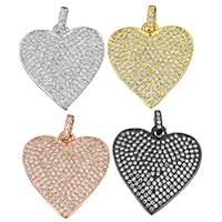 Messing hjerte Vedhæng, Heart, forgyldt, Micro Pave cubic zirconia, flere farver til valg, nikkel, bly & cadmium fri, 25x27x2mm, Hole:Ca. 2.5x4mm, 5pc'er/Lot, Solgt af Lot