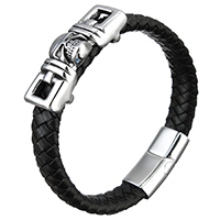 Unisex Bracelet, cuir de peau de vache, avec acier inoxydable, crane, unisexe & noircir, 42x16x10mm, 12mm, 29x14x8mm, Vendu par Environ 8.5 pouce brin