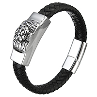 Unisex armbånd, Koskind, med Stainless Steel, Lion, sværte, 39x17x17mm, 12mm, 29x14x8mm, Solgt Per Ca. 8.5 inch Strand