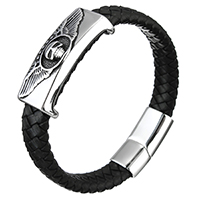 Unisex armbånd, Koskind, med Stainless Steel, Skull, sværte, 39x15x10mm, 12mm, 29x14x8mm, Solgt Per Ca. 8.5 inch Strand