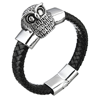 Unisex armbånd, Koskind, med Stainless Steel, Owl, sværte, 45x25x22mm, 12mm, 29x14x8mm, Solgt Per Ca. 8.5 inch Strand