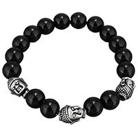 Pulsera Mala, Ágata negra, con acero inoxidable, acero inoxidable cierre magnético, Buda, natural, unisexo & ennegrezca, 14x10mm, 10mm, Vendido para aproximado 8 Inch Sarta