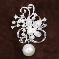 Kunststof Pearl Brooch, Zinc Alloy, met ABS kunststof parel, Bloem, silver plated, voor vrouw & met strass, lood en cadmium vrij, 40x50mm, 3pC's/Bag, Verkocht door Bag