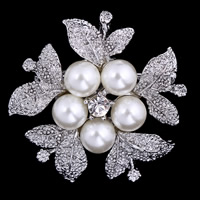 Kunststof Pearl Brooch, Zinc Alloy, met ABS kunststof parel, Blad, silver plated, voor vrouw & met strass, lood en cadmium vrij, 37x37mm, 3pC's/Bag, Verkocht door Bag