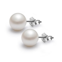 Boucles d'oreilles en perles d'eau douce, laiton, avec Shell Pearl, pomme de terre, Placage de couleur platine, protéger l'environnement, sans nickel, plomb et cadmium, 8mm, Vendu par paire