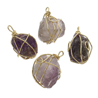 Natürlicher Quarz Anhänger, Amethyst, mit Zinklegierung, goldfarben plattiert, Februar Birthstone, keine, 20x35x22mm-25x40x25mm, Bohrung:ca. 3x4mm, verkauft von PC