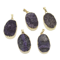 Natuurlijke Agate Druzy hanger, Ijs Quartz Agaat, met Zinc Alloy, Traan, gold plated, Druzy stijl, purper, 20x43x10mm-23x45x10mm, Gat:Ca 4x6mm, Verkocht door PC