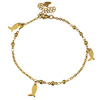 Roestvrijstalen Anklet, Roestvrij staal, met 2.5lnch extender keten, Vis, gold plated, bedelarmband & ovale keten & voor vrouw, 7x12mm, 8x4mm, 3mm, Lengte Ca 8.5 inch, 10strengen/Lot, Verkocht door Lot