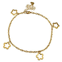 Roestvrijstalen Anklet, Roestvrij staal, met 2.5lnch extender keten, Bloem, gold plated, bedelarmband & voor vrouw, 11x11mm, 2mm, Lengte Ca 8.5 inch, 10strengen/Lot, Verkocht door Lot