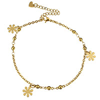 Anklet de acero inoxidable, con 2.5lnch extender cadena, Flor, chapado en color dorado, pulsera del encanto & cadena oval & para mujer, 9x12mm, 8x4mm, 3mm, longitud aproximado 8.5 Inch, 10Strandsfilamento/Grupo, Vendido por Grupo