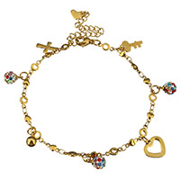 Roestvrijstalen Anklet, Roestvrij staal, met Rhinestone Clay Pave Bead, met 2lnch extender keten, gold plated, bedelarmband & met cross patroon & met hart patroon & voor vrouw, 6x10mm, 11x11mm, Lengte Ca 8 inch, 10strengen/Lot, Verkocht door Lot