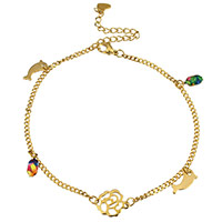 Anklet de acero inoxidable, con 2lnch extender cadena, Delfín, chapado en color dorado, pulsera del encanto & cadenilla & con patrón de flores & para mujer & esmalte, 14x11mm, 8x12mm, 3mm, longitud aproximado 9 Inch, 10Strandsfilamento/Grupo, Vendido por Grupo